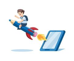 Back To School, Boy Riding Pencil out from Smartphone. Symbol for Online Learning Course and School in Cartoon Flat illustration Vector on white background