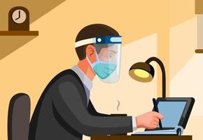 Man Office Worker wearing Mask and Face Shield from Side View. People Work and Study in New Normal Activity Scene in Cartoon illustration Vector with Background