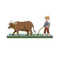 farmer man ploughing paddy field with water buffalo cartoon flat illustration vector isolated in white background