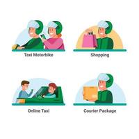 Online transportation service icon set. taxi online with customer and courier delivery package job symbol in cartoon illustration vector isolated in white background