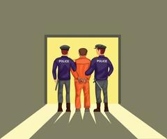 Two police lead prisoner criminal from back view. concept in cartoon illustration vector