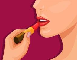 girl using lipstick, makeup cosmetic product concept in cartoon illustration vector
