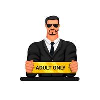 Man in blazer holding adult only sign. bodyguard symbol character mascot cartoon illustration vector