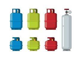 cilindro del tanque de gas, conjunto de iconos de recolección de gas licuado de petróleo. vector de ilustración plana de dibujos animados en fondo blanco