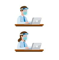 Man and Women Office Worker Wearing Face Shield and Mask, New Normal Activity icon set. concept in Cartoon Flat illustration vector