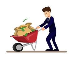 Businessman carrying money bag in wheelbarrow. business finance metaphor symbol concept in cartoon illustration vector isolated in white background