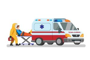 Ambulance emergency car with doctor wear hazmat suit carrying patient to hospital concept in cartoon illustration vector isolated in white background