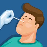 Swab and rapid test on nose man to detection covid19 concept in cartoon illustration vector