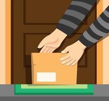 Thief hand take package box online shop in front door home, awareness from theft steal someone parcel crime activity cartoon illustration vector
