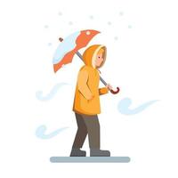 Las personas que caminan en la nieve visten una chaqueta amarilla con paraguas, personaje de dibujos animados masculino congelado en un clima nevado, vector de ilustración plana