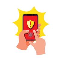 yellow shield warning security system notification on smartphone, hand holding smartphone with fingerprint protection in cartoon flat illustration vector isolated in white background