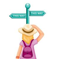 Backpacker girl confusing choose way in road signboard, metaphor advertisment for travel and trip guidance symbol in cartoon illustration vector isolated in white background