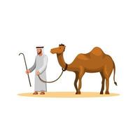 Hombre árabe camina con camello en el postre, animal doméstico en el este de Asia en vector illustrtion de dibujos animados sobre fondo blanco