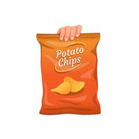 Potato chips snack. hand grab large pack size potato snack symbol concept in cartoon illustration vector isolated on white background