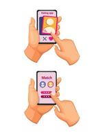 Dating app smartphone gesture symbol set cartoon illustration vector