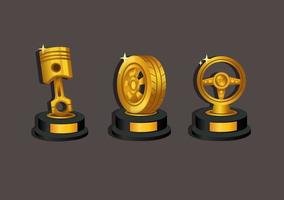 Premio de oro thropy en pistón, rueda y símbolo de dirección para el icono de símbolo de carreras automotriz conjunto de ilustración de concepto vector