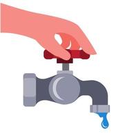 mano cerca de la grúa de agua, ilustración para ahorrar costos en el hogar, escasez de agua. Agua excesiva o campaña para salvar la tierra, en vector de estilo plano aislado en fondo blanco