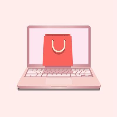 Notebook in Rose color with shopping bag mock up template symbol concept.