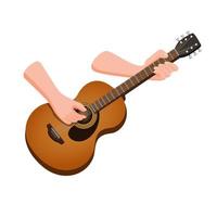 mano sosteniendo la guitarra acústica. Instrumento de música de guitarra clásica de madera en vector de ilustración de dibujos animados sobre fondo blanco