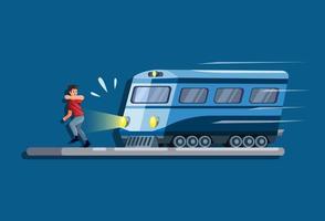 Hombre corriendo evitando ser atropellado por un concepto de escena de tren en vector de ilustración de dibujos animados