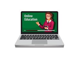 Educación en línea, e-learning con maestra en concepto de computadora portátil en vector de ilustración de dibujos animados sobre fondo blanco