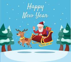 feliz año nuevo y temporada navideña con santa y renos con vector de ilustración de dibujos animados de caja de regalo