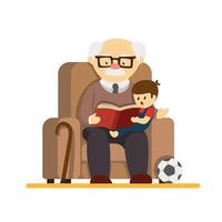 Grandparent day, granpa sit in sofa and reading story book to grandchildren. in cartoon flat illustration vector isolated in white background