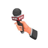 journalist interview. hand holding microphone with news symbol concept in cartoon illustration vector on white background