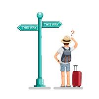 Backpacker guy standing front road sign board in street confusing choose way. tourist travel guide symbol set concept in cartoon illustration vector on white background