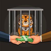 Wildlife trade, illegal business people selling tiger illustration concept in cartoon vector