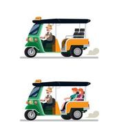 tuk tuk rickshaw transporte tradicional de tailandia con conductor y conjunto de iconos de pareja de turistas. ilustración vectorial plana de dibujos animados vector