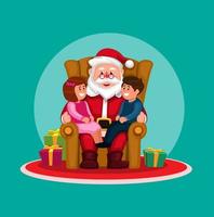 Papá Noel se sienta en el sofá con los niños que cuentan cuentos y dan una caja de regalo en el vector de ilustración de dibujos animados de Navidad