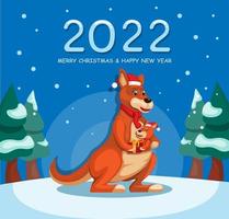 2022 celebración de año nuevo y navidad con vector de ilustración de dibujos animados de canguro