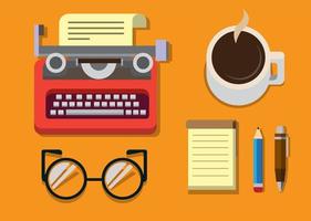 Typewriter with sheet of paper, glasses, notepad, coffe and pen on surface flat vector illustration.