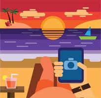 vacaciones, verano. Hombre tumbado en una playa captura la puesta de sol con smartphone, fondo de diseño plano vector