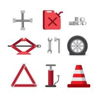 Kit de herramientas de emergencia para coche, conjunto de iconos planos de reparación vector