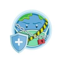 World Lockdown Symbol icon, Earth Planet with chain link locked, cross line with shield to protection virus. cartoon illustration vector on white background