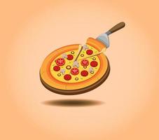 deliciosa pizza en bandeja de mesa de madera lista para comer, promoción de menú de pizza en vector de ilustración de dibujos animados en fondo degradado