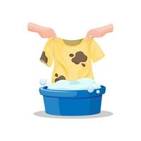 Mano puso la camiseta sucia en un cubo lleno de jabón de deterent, símbolo de lavado de ropa en vector de ilustración de dibujos animados sobre fondo blanco