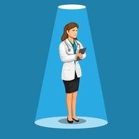 Doctor woman or female scientist standing concept in cartoon illustration vector