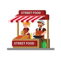 Asian street food vendor. man and woman cooking and selling fried food concept in cartoon illustration vector