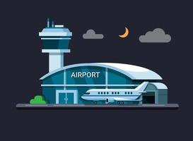 Airport building at night concept in flat cartoon illustration vector