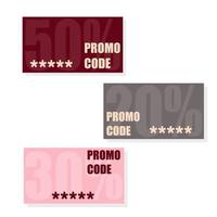 Promo code, coupon code. Flat vector set of cards design on white background.