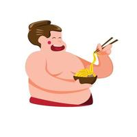 Logotipo de icono de fideos de sumo, feliz atleta de sumo gordo comer fideos udon en un tazón con vector de ilustración plana de dibujos animados de palillos