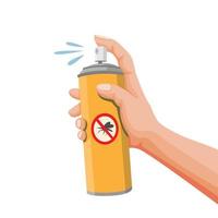 mano que sostiene el aerosol de control de plagas, lata de aerosol repelente de mosquitos. vector de ilustración de dibujos animados de concepto sobre fondo blanco