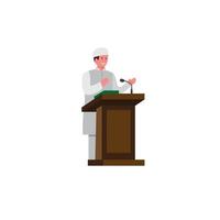 imam muslim standing giving speech in podium, religous prayer moslem icon in cartoon flat illustration vector isolated in white background