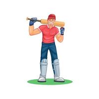 Figura de personaje de deporte de atleta de jugador de cricket en vector de ilustración de dibujos animados sobre fondo blanco