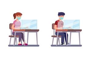 Boy and Girl Sitting and Study Wear Face Mask with Plastic Screen Divider in desk, New Normal Activities Student at School after Pandemic in Cartoon Illustration Vector on White Background