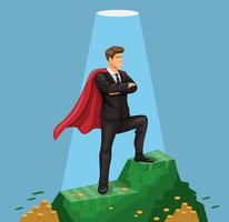 man with cape standing in money mountain symbol of success businessman concept in cartoon illustration vector