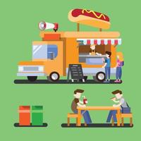 Food truck in park set, fast food hot dog in flat design set vector